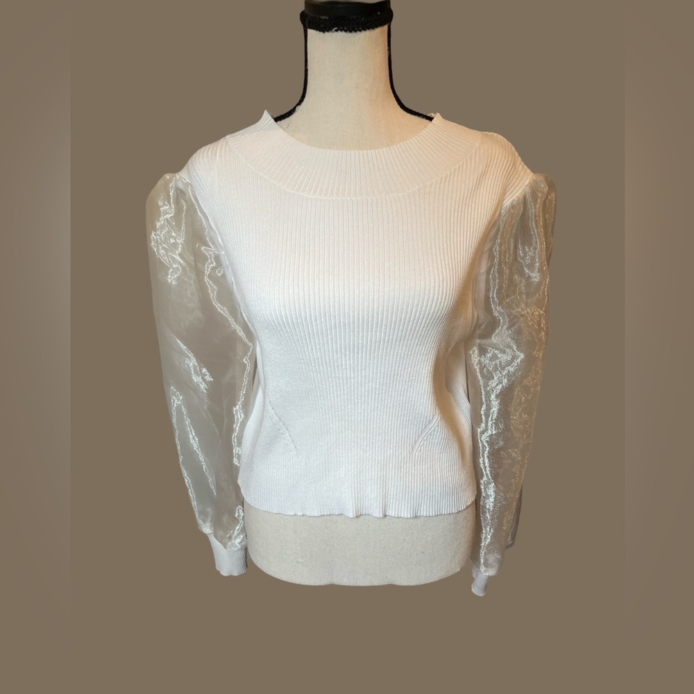 Sweet Republic White Crop Ribbed Sweater with Sheer Ballon Sleeves Size Large.